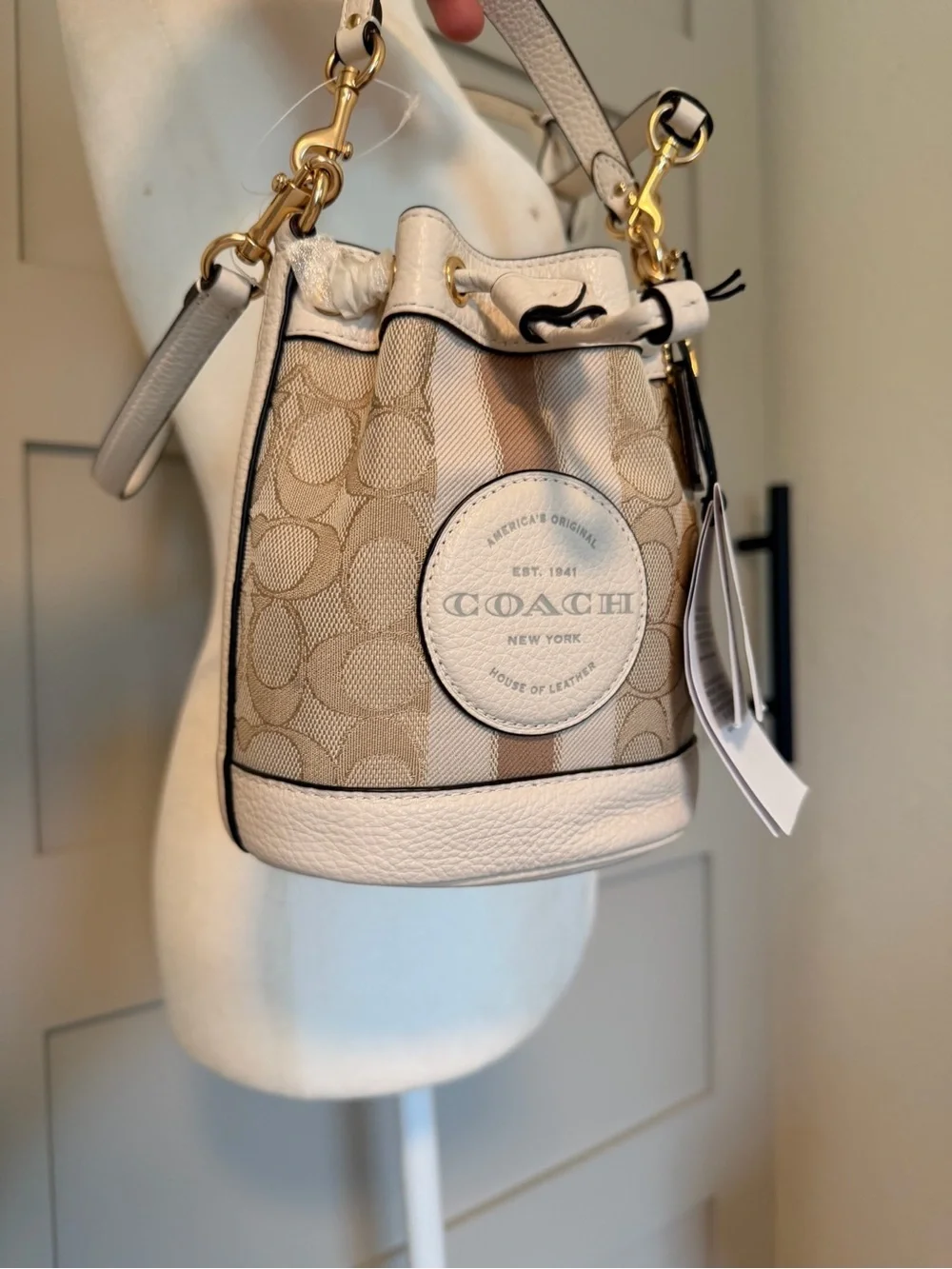 Coach Mini Dempsey Bucket Bag in Beige and White with Signature Logo